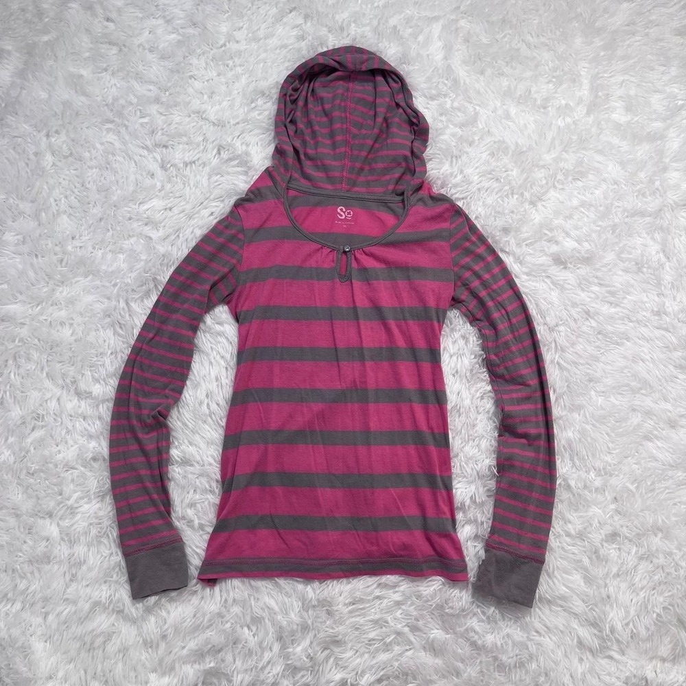 Y2K Pink & Gray Striped Hooded Long Sleeve Top Medium